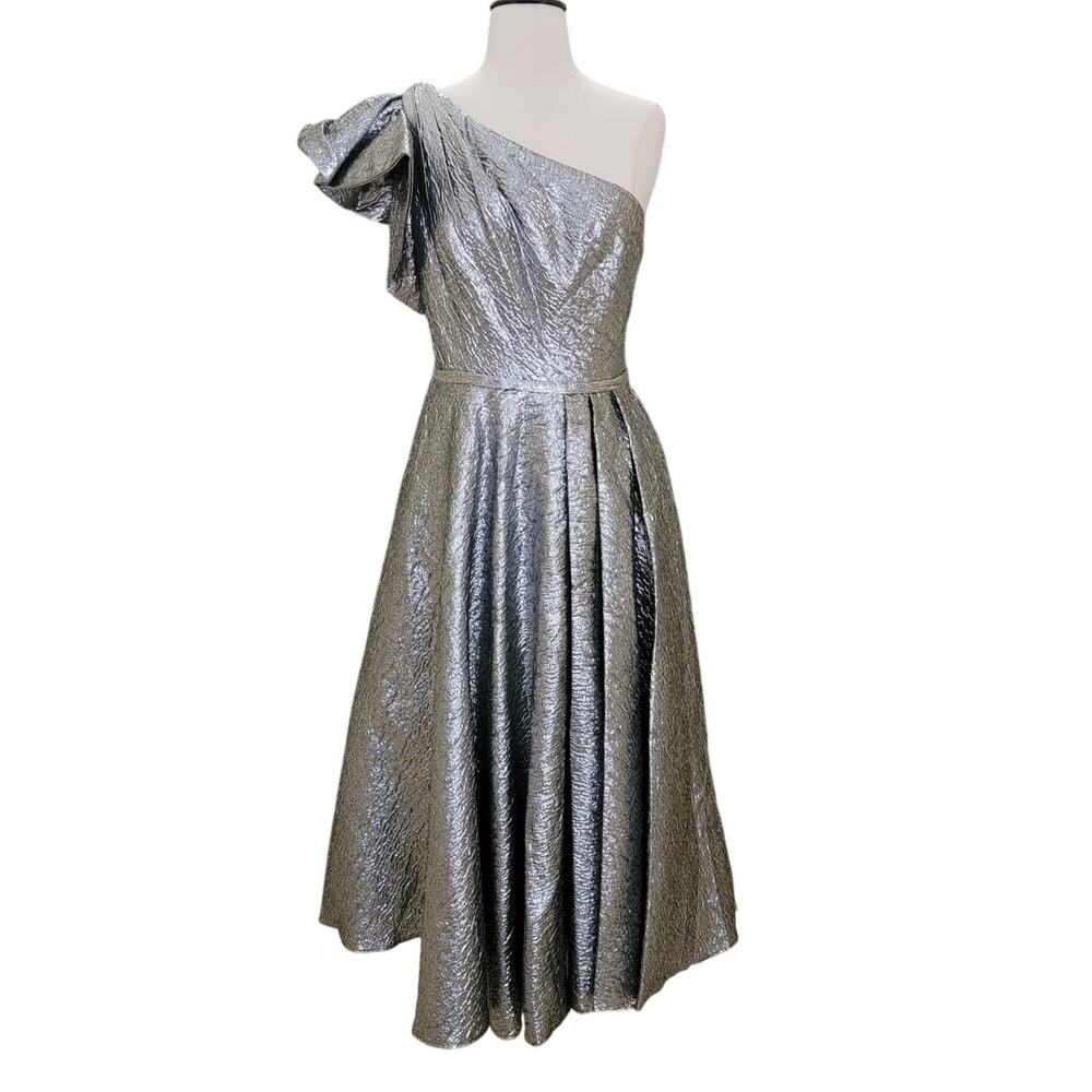 Mac Duggal 67906 Silver Metallic Brocade One Shoulder Bow Midi Dress 4